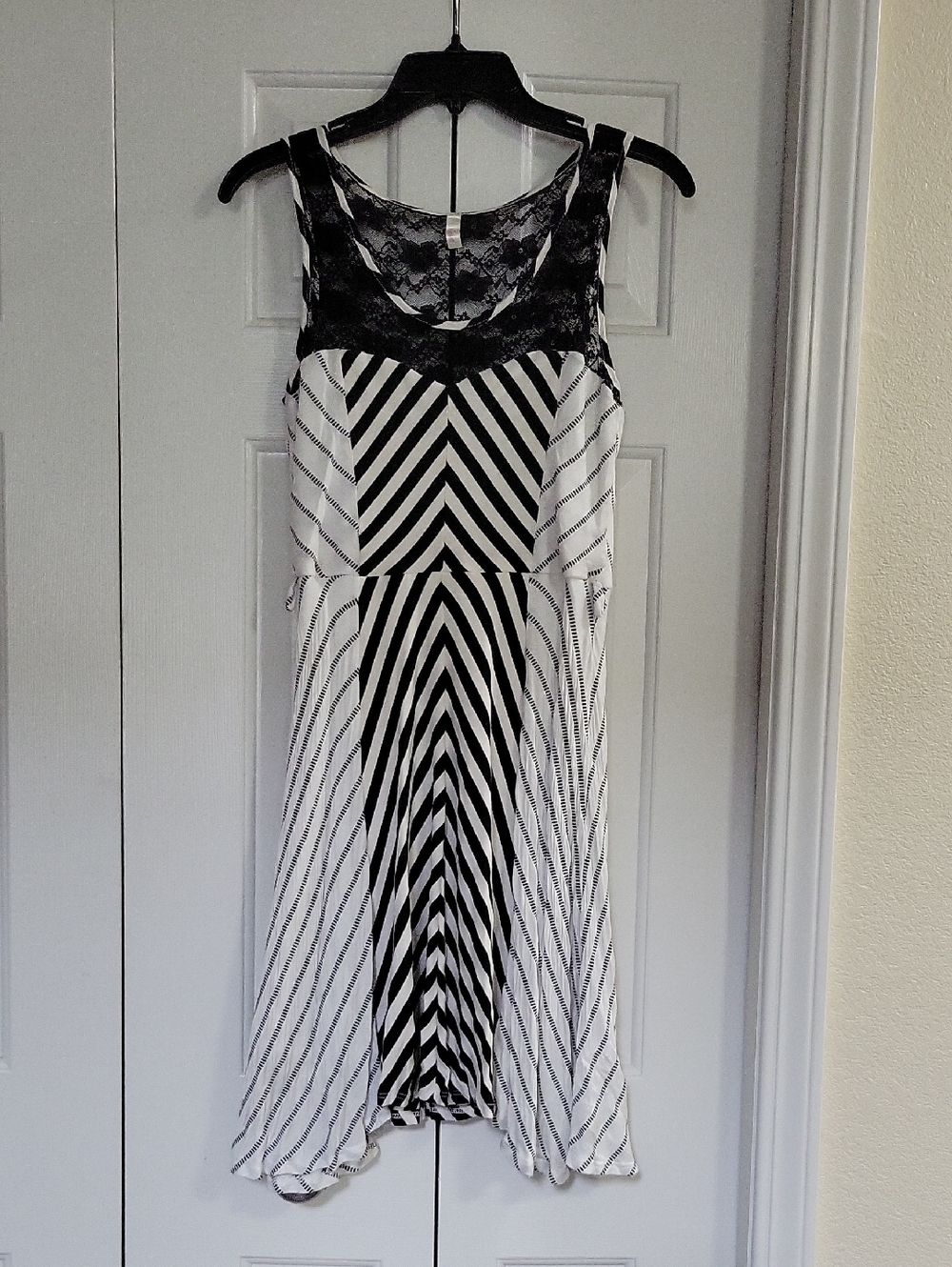 Cocolove Black & White Striped Lace Yoke A-Line Dress